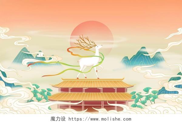 手绘国潮风国潮山水白鹿插画海报背景中国风国潮山水背景